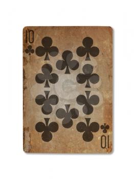 Very old playing card isolated on a white background, ten of clubs