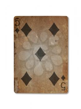Very old playing card isolated on a white background, five of diamonds