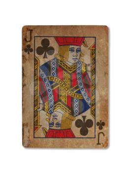 Very old playing card isolated on a white background, Jack of clubs