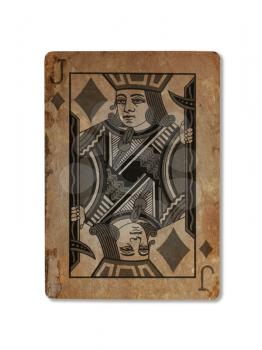 Very old playing card isolated on a white background, Jack of diamonds