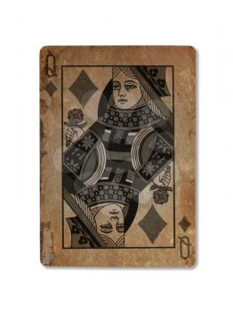 Very old playing card isolated on a white background, Queen of diamonds