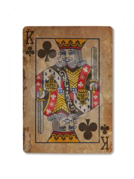 Very old playing card isolated on a white background, King of clubs