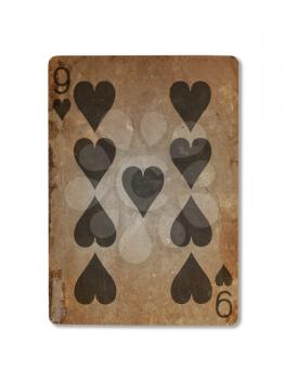 Very old playing card isolated on a white background, nine of hearts