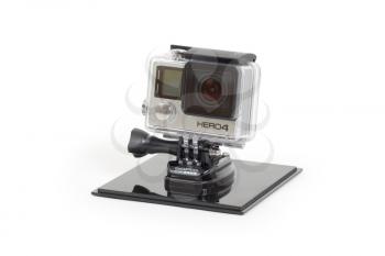 Amsterdam, the Netherlands - June 30, 2015: GoPro Hero 4 Black Edition isolated on white background, GoPro is a brand of high-definition personal cameras, often used in extreme action video photograph