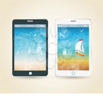 Smartphones with picture of beach and tropical sea, vector