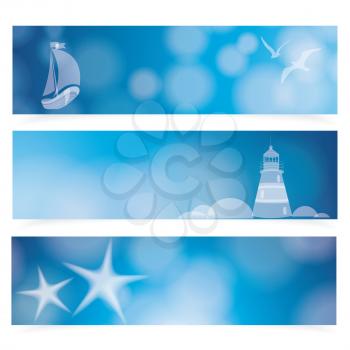 Travel and Nautical - blue awesome banners, hand drawn vector illustration.