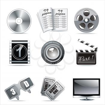 Vector cinema icons: film reel, stack of reels, film strip and clapboard : film reel, stack of reels, film strip and clapboard 