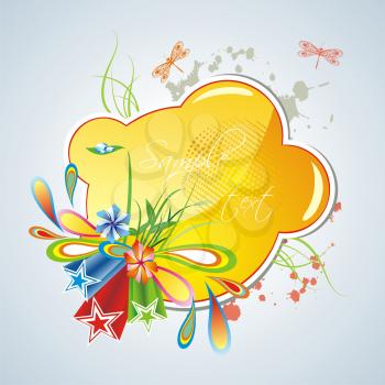 Abstract Cloud Background with colors, stars and dragonflies.
