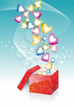 Box With Hearts On Sunburst Background, Vector Illustration 