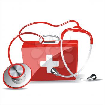 First Aid kit box with stethoscope isolated over white background 