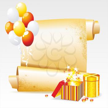 Vector Background for your Congratulations . Banner with gifts and ballons.