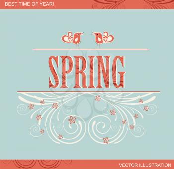 Spring word, flowers and birds, vector 