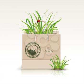 Vector illustration of  shopping paper bag with green symbol. Environmentally friendly products and greens in a package.