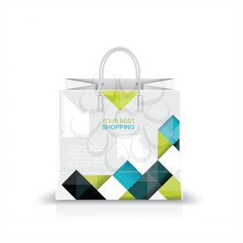 Vector illustration of white shopping paper or plastic bag with modern abstract pattern print.