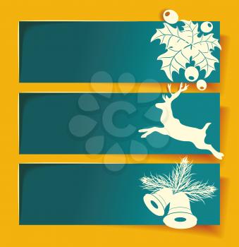 Beautiful Christmas banners with reindeer, mistletoe, holly and bells.