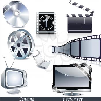 Vector cinema icons: film reel, stack of reels, film strip and clapboard 
