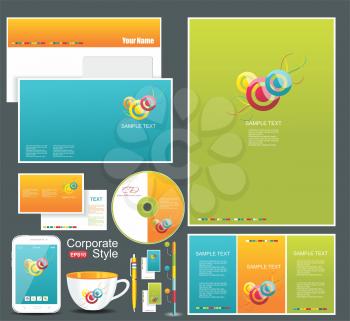 Corporate identity templates:blank, business cards, disk, envelope, smart phone, pen, badge, cup.