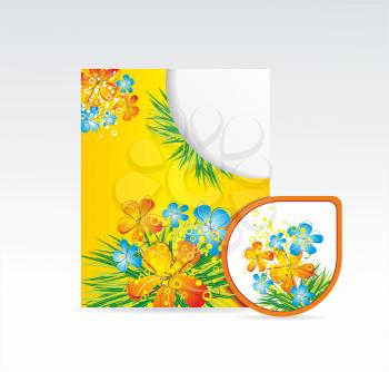 Vector bright folder and sticker with flowers.