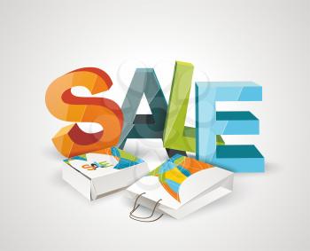 Sale Tag, Paper Bags and Box with 3d letters SALE. 
