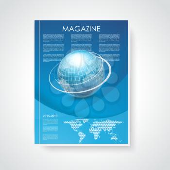 Magazine or brochure cover with world map and globe on abstract  blue background  
