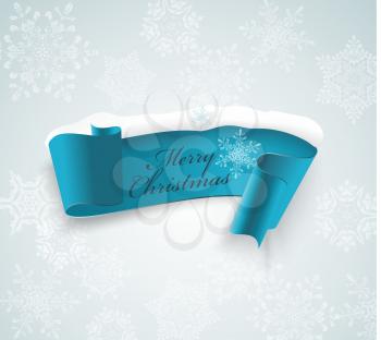 Winter banner, blue realistic ribbon and snow. Christmas background 