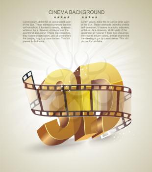Illustration of 3D word in golden glass with cinema roll