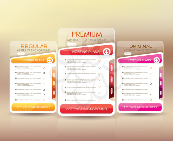 Price list widget with 3 payment plans for online services, pricing table for websites and applications.