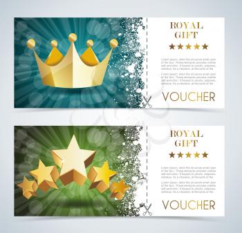 Voucher premium template with gold crown and gold stars.