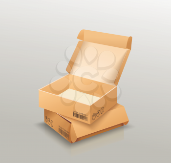 Opened and closed empty cardboard box, recycle brown box packaging.  Vector illustration