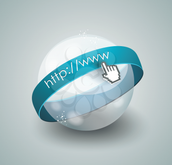 3d illustration of abstract glass globe and mouse cursor, vector background.