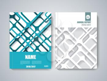 Brochure title sheet, polygonal stripe construction, spider web weave design.