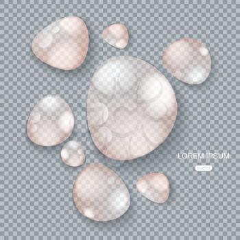 Pure clear water drops on  gray transparent background, realistic set, vector illustration.