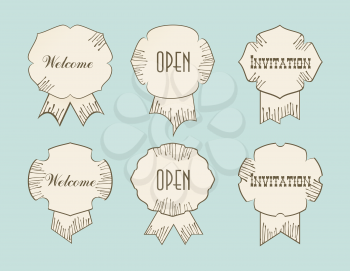 Vintage retro tags with Open Welcom Invitation words, typography design drawing signs.
