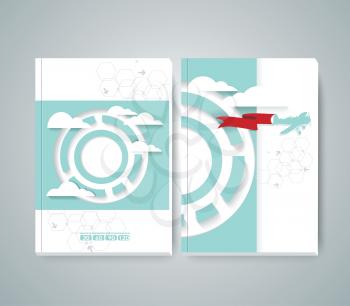 Vector design of Magazine Cover with airplane flying through clouds in the blue sky. Flat design style modern vector illustration.
