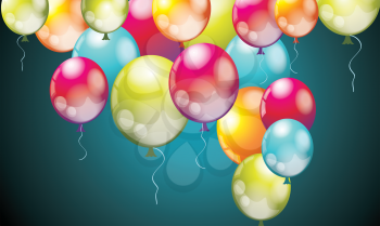 Realistic Colorful  Birthday Balloons Flying for Party and Celebrations on Dark Blue Background. Vector Illustration