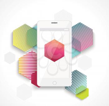 Mobile cell phone on colorful vibrant geometry shapes background. Social media concept. 