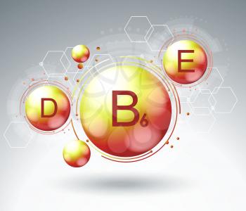Vitamin  complex  icon with chemical formula. Shining bright substance drop. Vector illustration.