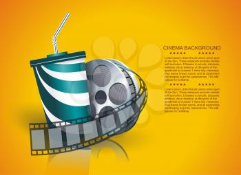 Movie time  vector poster design template. Filmstrip and disposable cup.Cinema Concept Design. Detailed vector illustration. 