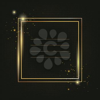 Thin golden frame with gold dust and lights effects. Shining rectangle banner isolated on black  background. Vector illustration.