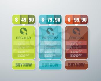 Price list widget with 3 payment plans for online services, pricing table for websites and applications.