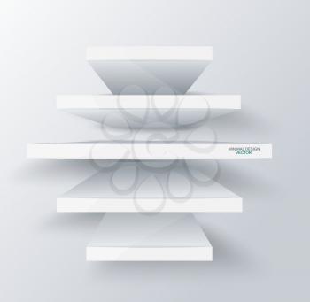 Empty white shelves on clean background. Front view of realistic, voluminous racks with a shadow. Vector illustration.
