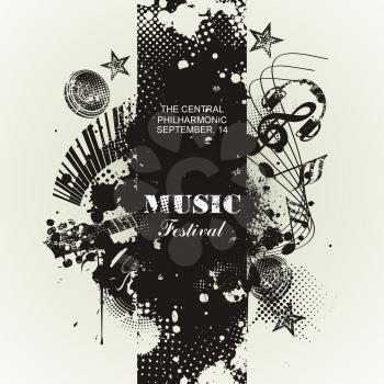 Music poster template. Vector flyer background in paint brush style. 