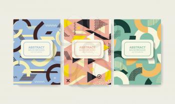 Retro design templates for brochure covers, banners, flyers and posters with abstract shapes, memphis geometric flat style. 