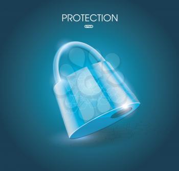 Vector illustration a locked lock on light blue background. The system is protected. Computer network.