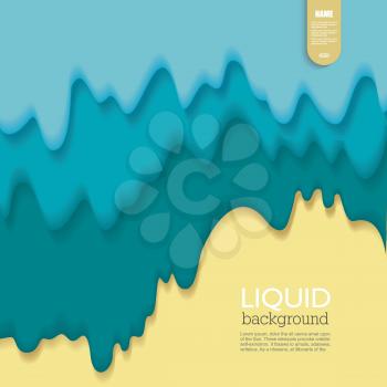 Liquid background. Fluid shape composition. Golden sand beach with blue sea waves.