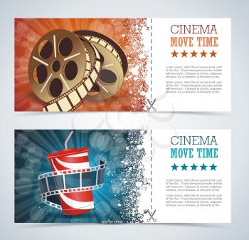 Cinema tickets with popcorn bowl and film strip , realistic detailed vector illustration.