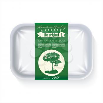 Premium Quality Natural Product Label on Plastic Tray Container with Cellophane Cover. Packaging Design Label.