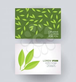 Business card design with green leaves composition, vector illustration.