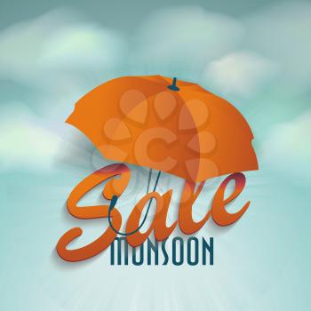 Creative Sale Design Of Monsoon Offer With 3D Word SALE and Umbrella on the sky with clouds.