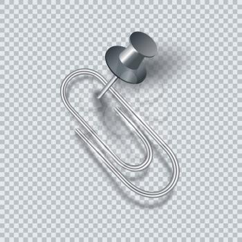 Realistic clip and pin on transparent background. Vector illustration.